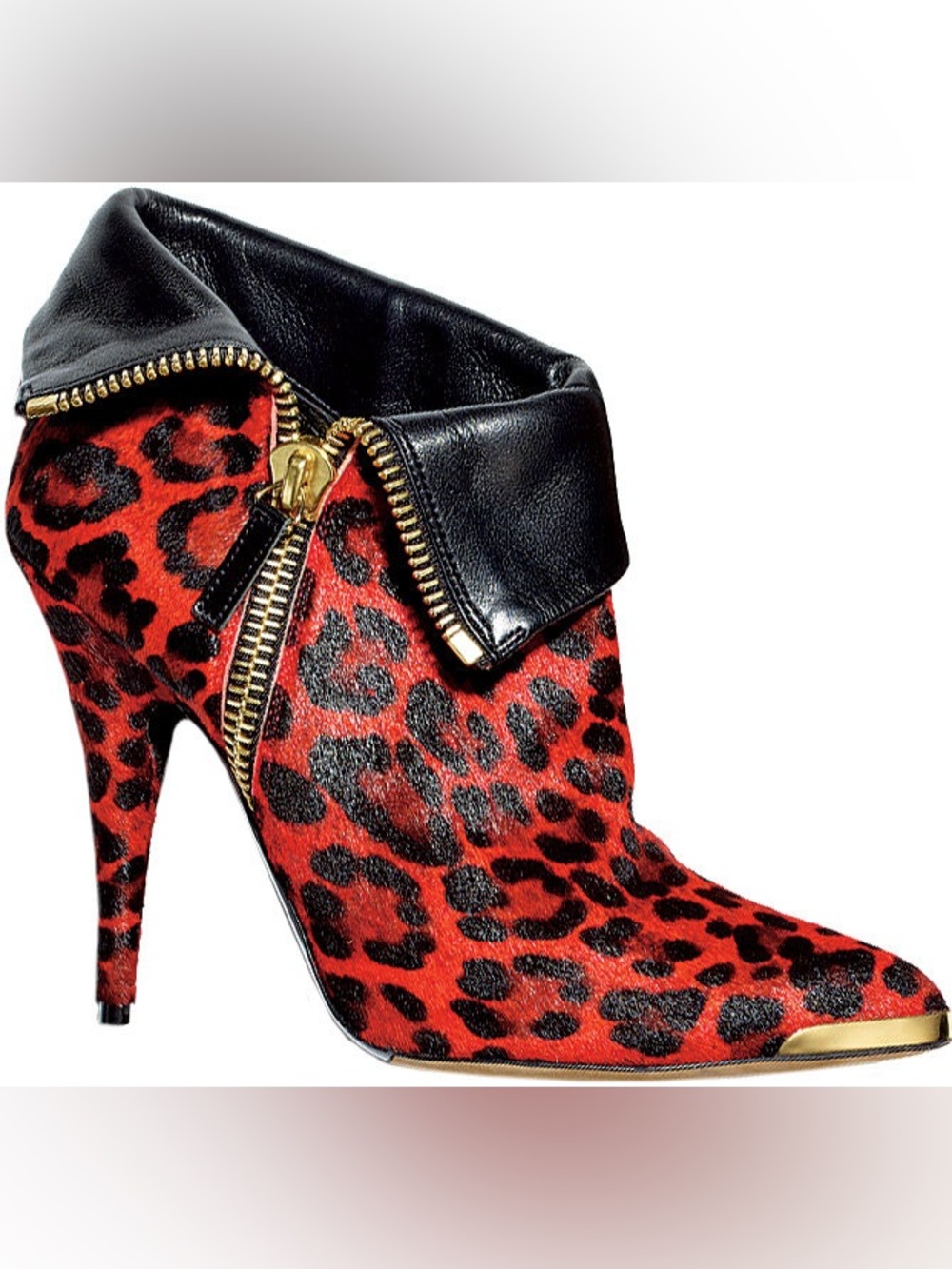 Tabitha Simmons Red Leopard  Stiletto Ankle Boot with Black leather Fold-over